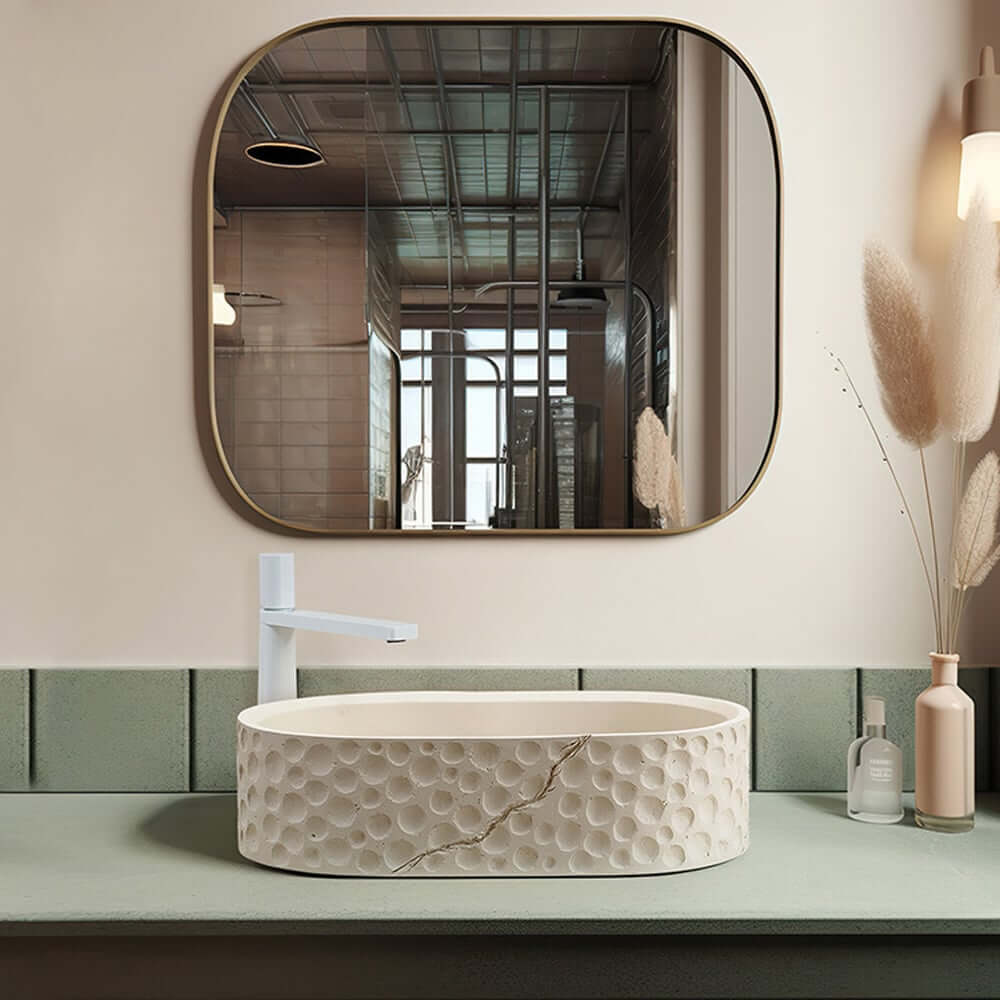 Beige Oval Stone Resin Vessel Sink - Japandi Style Bathroom Sink