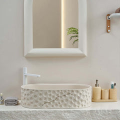 Beige Oval Stone Resin Vessel Sink - Japandi Style Bathroom Sink