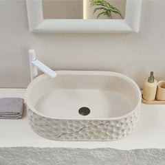 Beige Oval Stone Resin Vessel Sink - Japandi Style Bathroom Sink