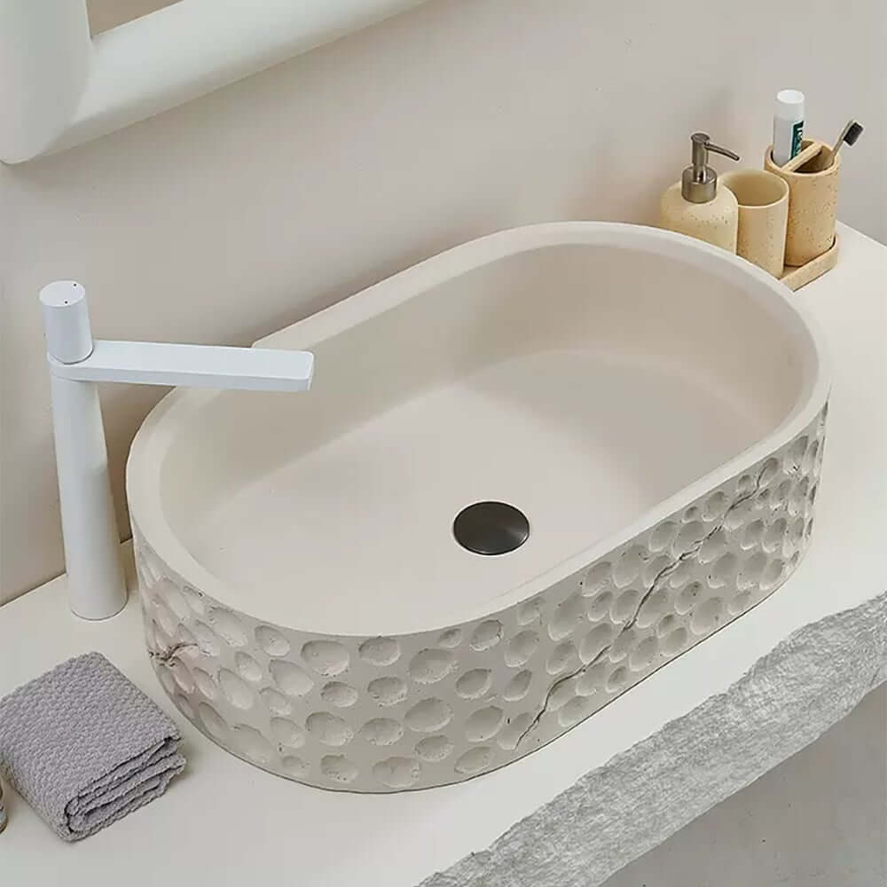 Beige Oval Stone Resin Vessel Sink - Japandi Style Bathroom Sink