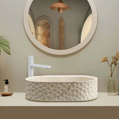 Beige Oval Stone Resin Vessel Sink - Japandi Style Bathroom Sink Main Product Image
