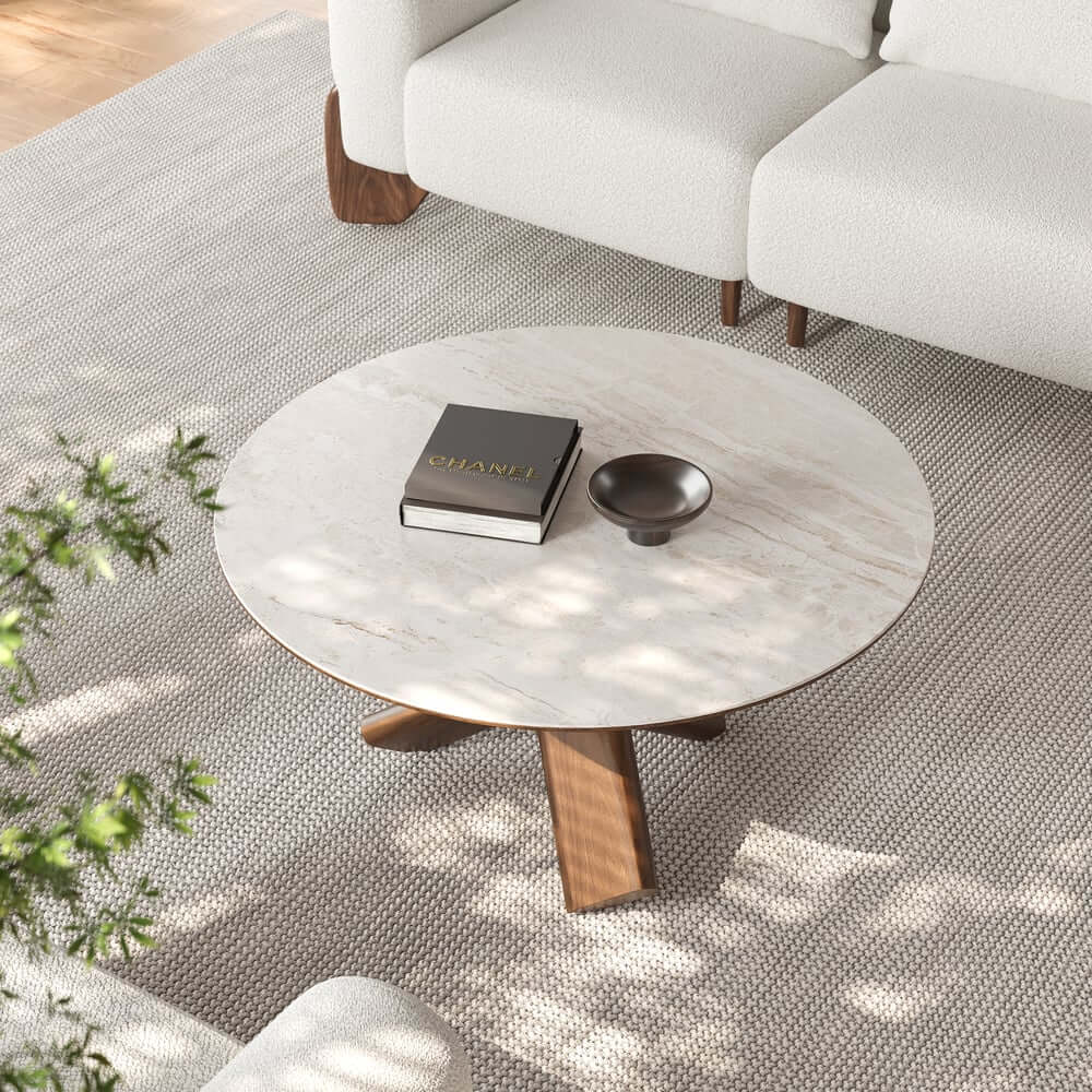 Beige Sintered Stone Round Coffee Table With Ash Wood Base