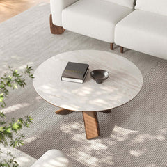Beige Sintered Stone Round Coffee Table With Ash Wood Base