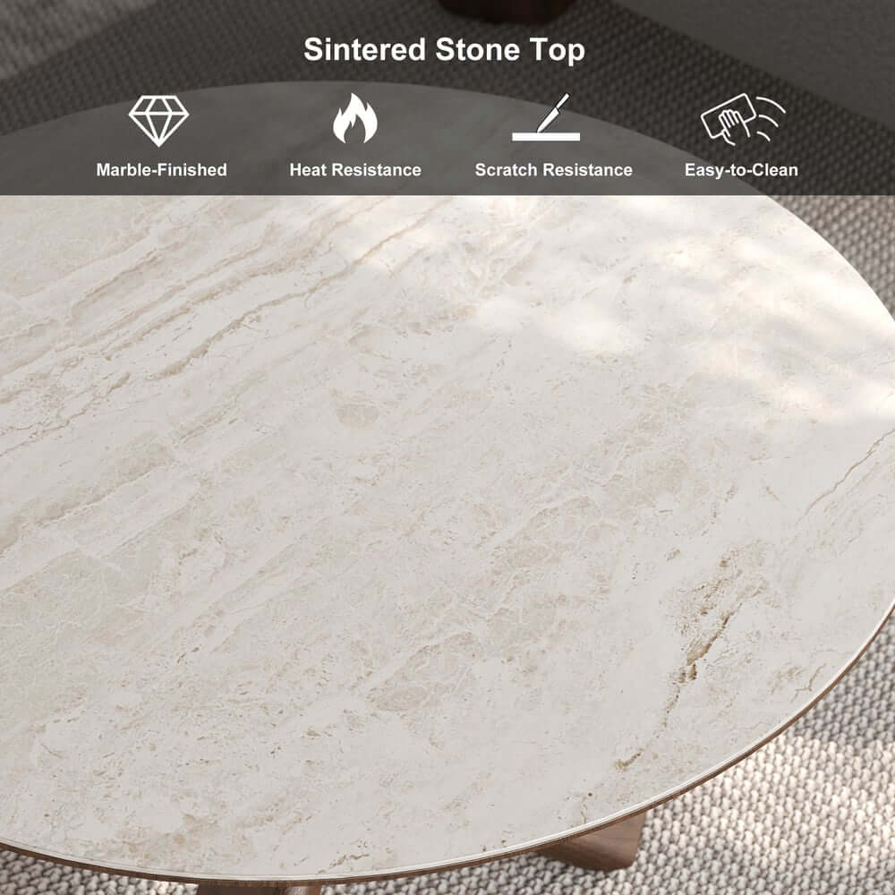 Beige Sintered Stone Round Coffee Table With Ash Wood Base