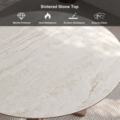 Beige Sintered Stone Round Coffee Table With Ash Wood Base