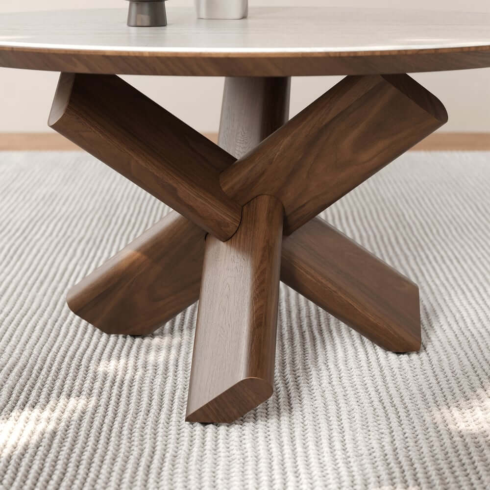 Beige Sintered Stone Round Coffee Table With Ash Wood Base