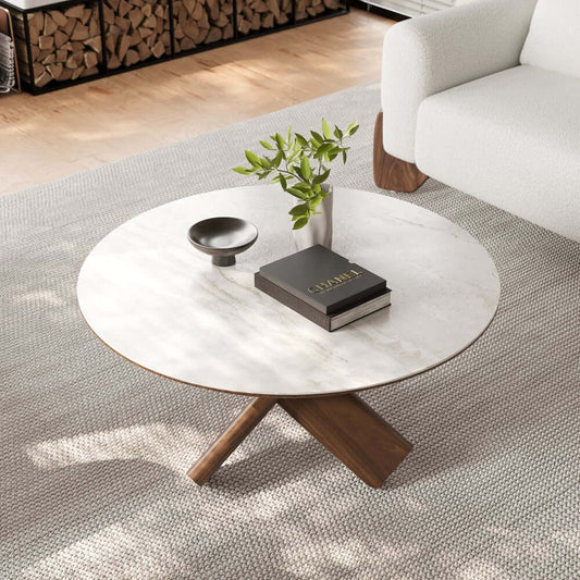 Beige Sintered Stone Round Coffee Table With Ash Wood Base