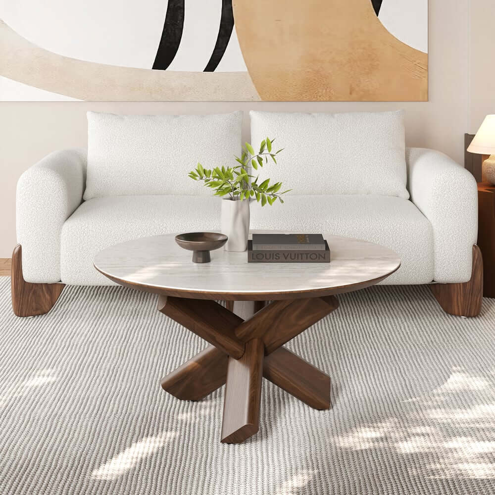 Beige Sintered Stone Round Coffee Table With Ash Wood Base