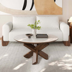 Beige Sintered Stone Round Coffee Table With Ash Wood Base
