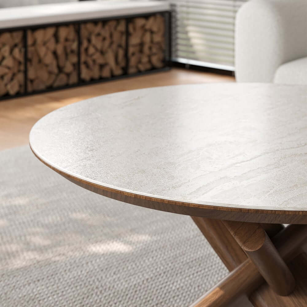 Beige Sintered Stone Round Coffee Table With Ash Wood Base