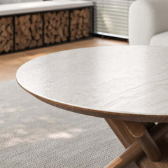 Beige Sintered Stone Round Coffee Table With Ash Wood Base
