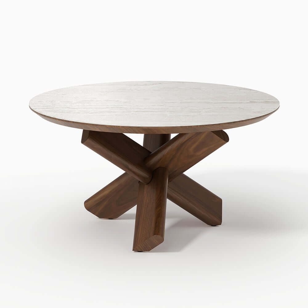 Beige Sintered Stone Round Coffee Table With Ash Wood Base