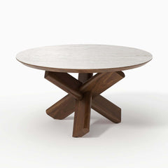 Beige Sintered Stone Round Coffee Table With Ash Wood Base