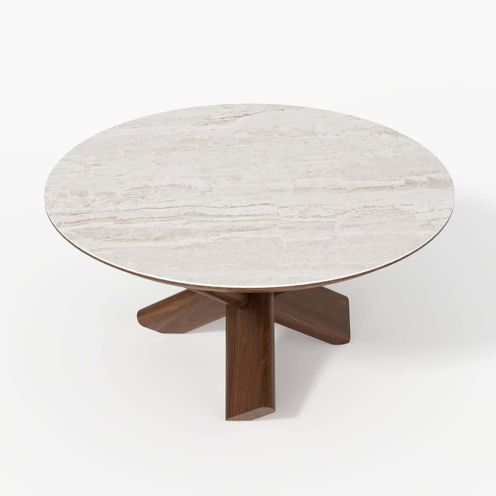 Beige Sintered Stone Round Coffee Table With Ash Wood Base