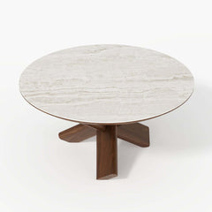 Beige Sintered Stone Round Coffee Table With Ash Wood Base