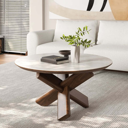 Beige Sintered Stone Round Coffee Table With Ash Wood Base Main Product Image