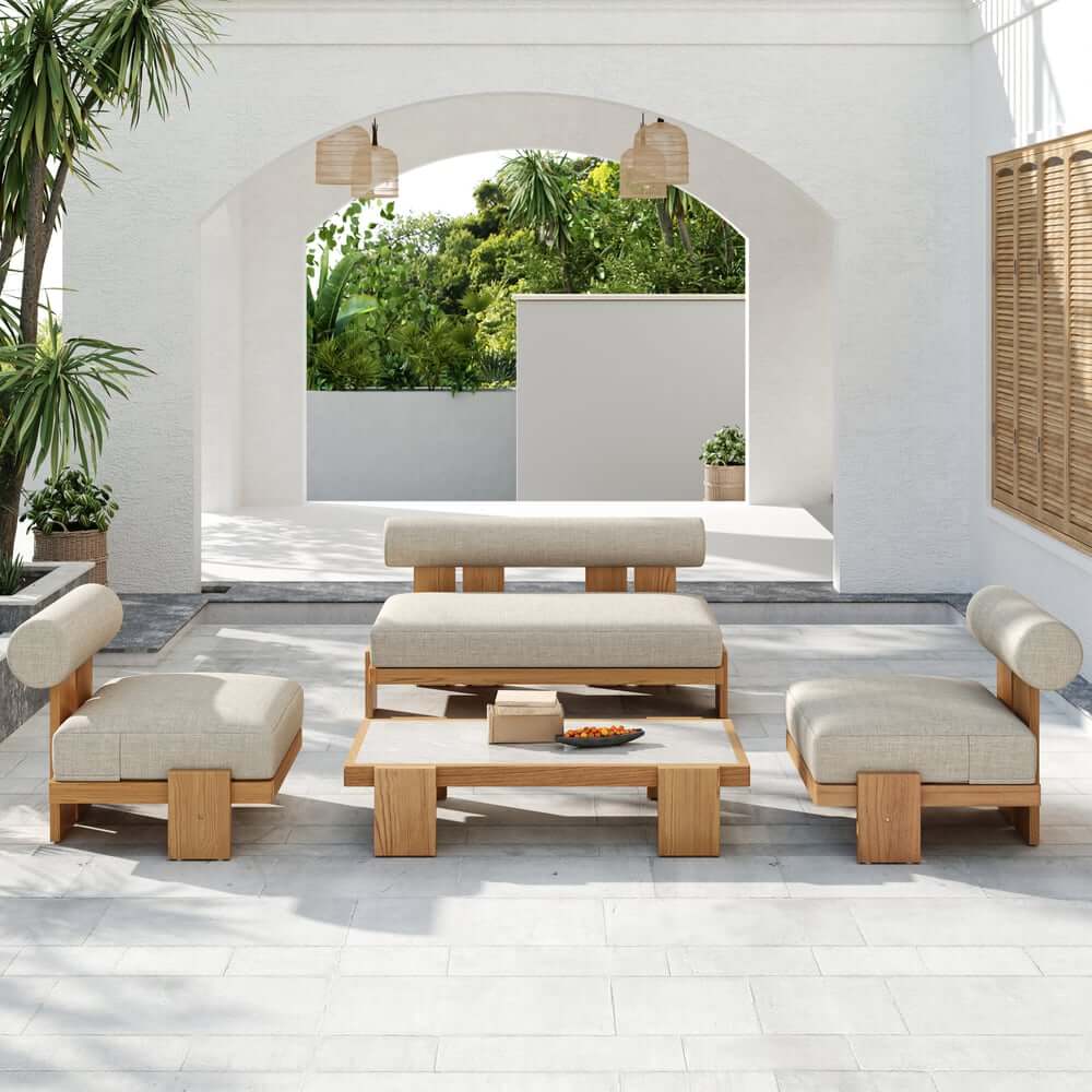 Beige Teak Wood Outdoor Sofa Set with Concrete Coffee Table