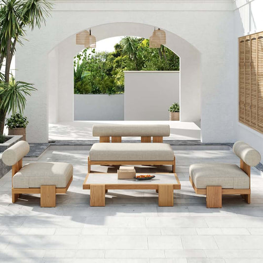 Beige Teak Wood Outdoor Sofa Set with Concrete Coffee Table