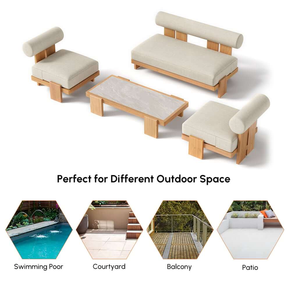 Beige Teak Wood Outdoor Sofa Set with Concrete Coffee Table