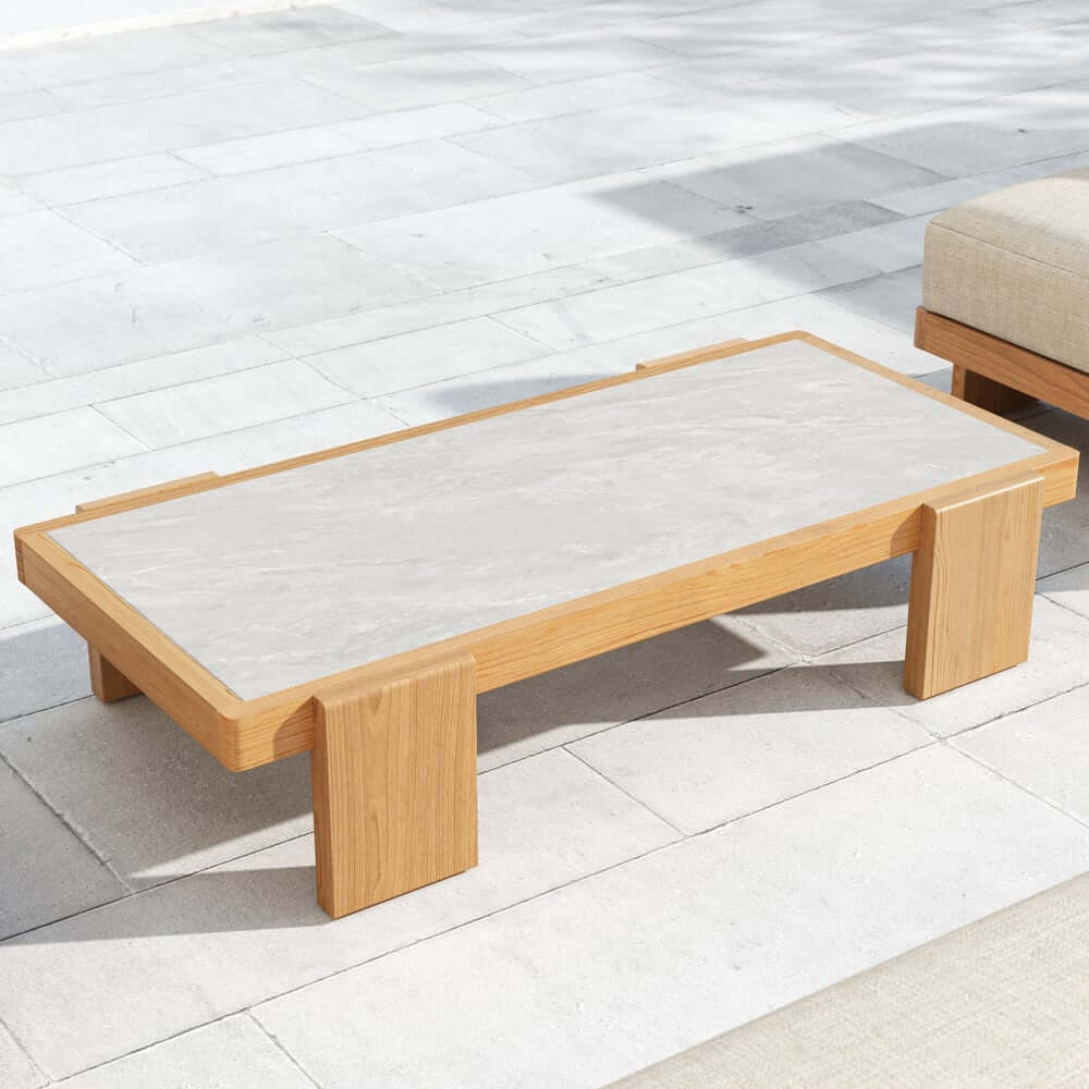 Beige Teak Wood Outdoor Sofa Set with Concrete Coffee Table