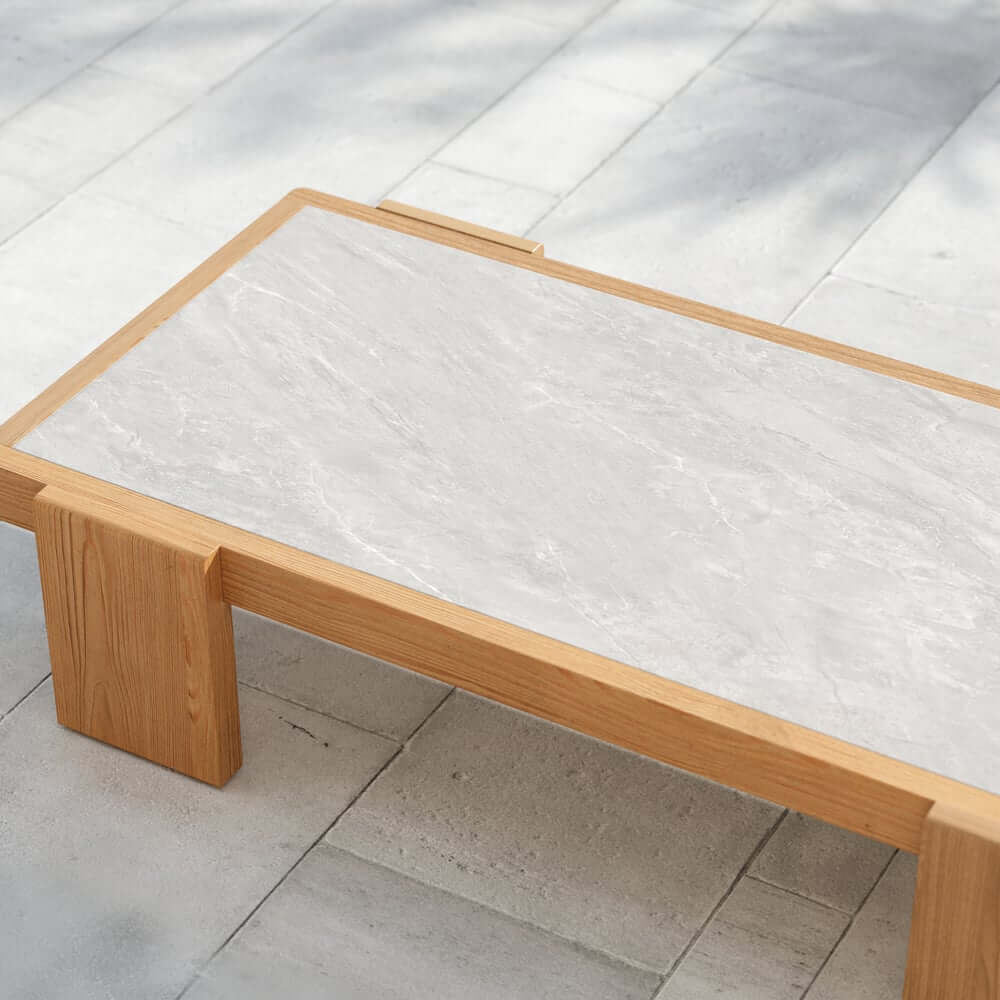 Beige Teak Wood Outdoor Sofa Set with Concrete Coffee Table