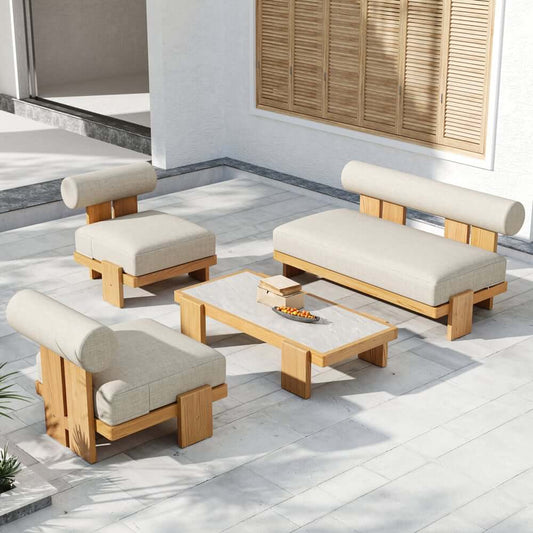 Beige Teak Wood Outdoor Sofa Set with Concrete Coffee Table Main Product Image
