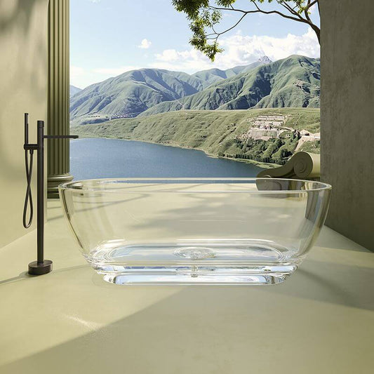 Oval-shaped Ink Resin freestanding bathtub with handle, roll top, and compression faucet, 51 by 28 inches