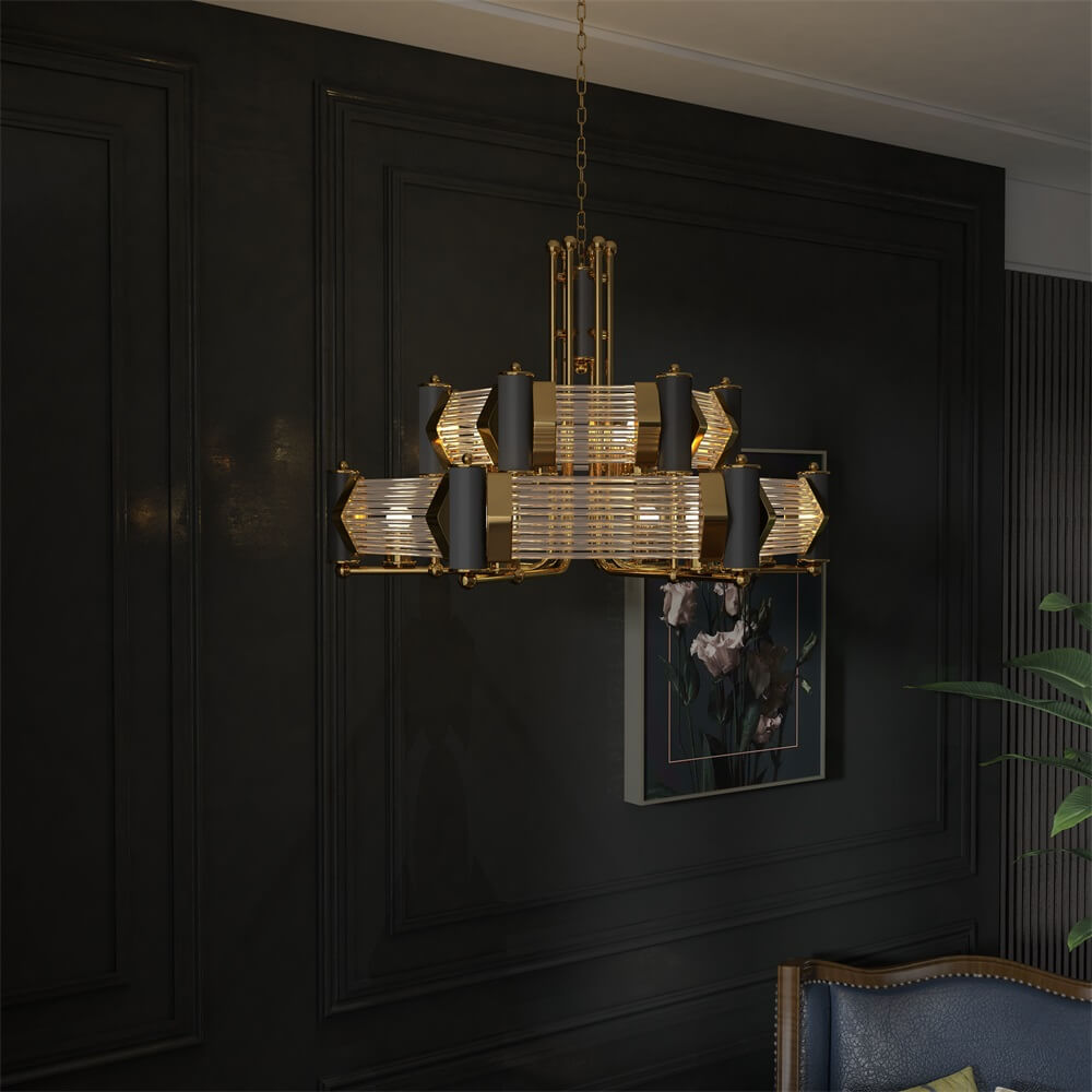 Black & Gold Modern Tiered Chandelier with Adjustable Height