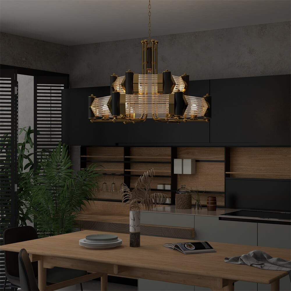 Black & Gold Modern Tiered Chandelier with Adjustable Height