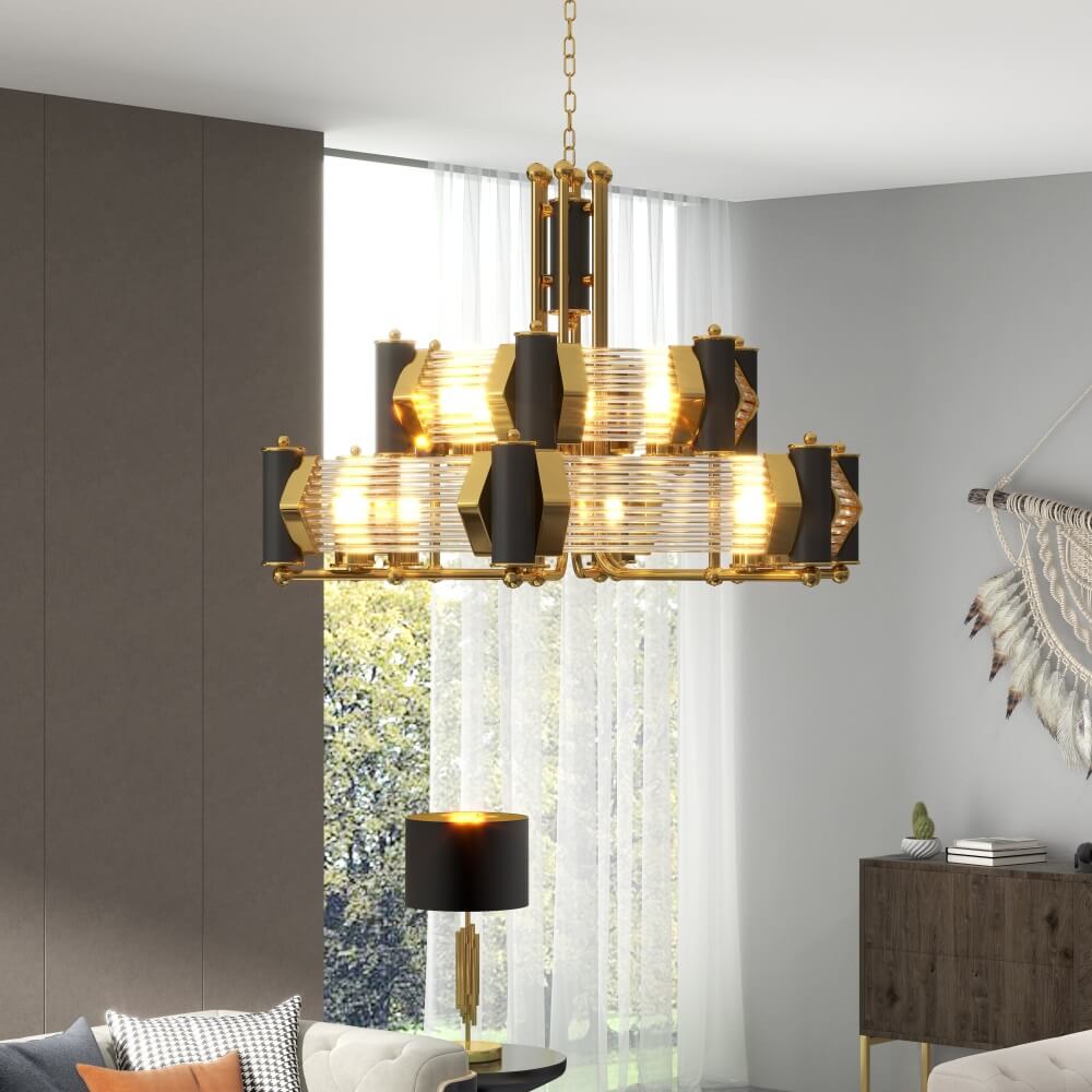 Black & Gold Modern Tiered Chandelier with Adjustable Height