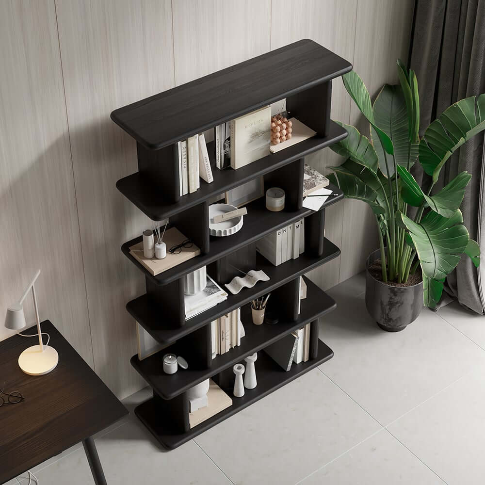 Black Pine Wood Etagere Bookshelf in Japandi Style