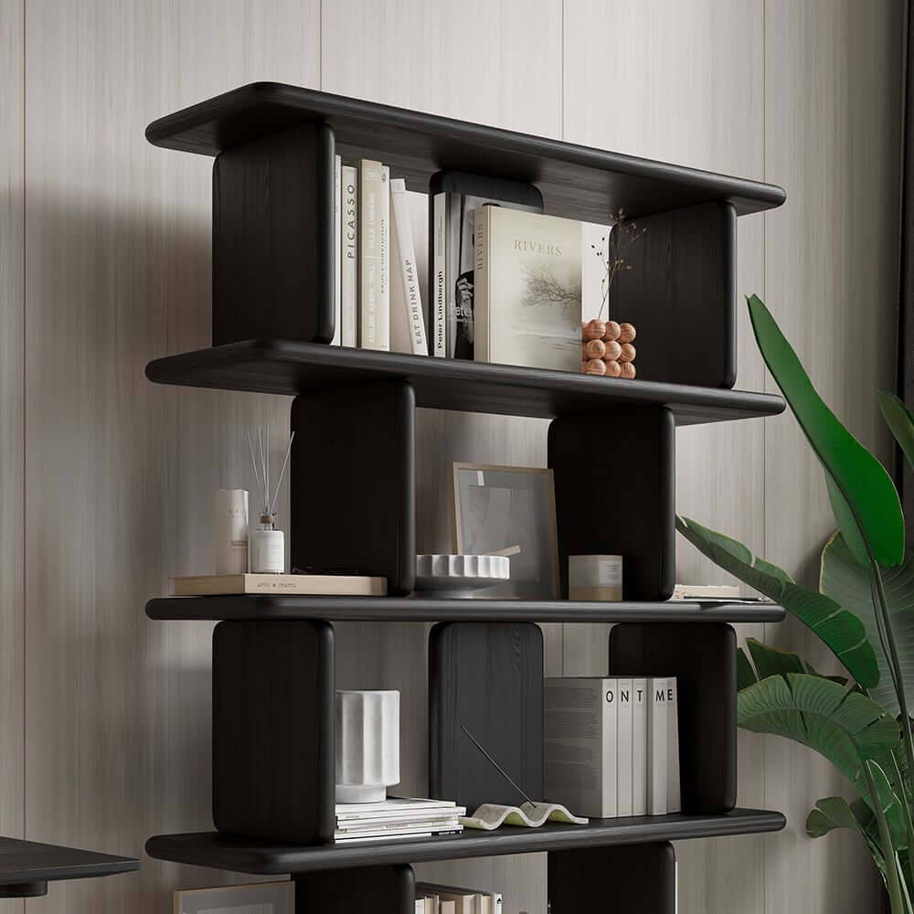 Black Pine Wood Etagere Bookshelf in Japandi Style