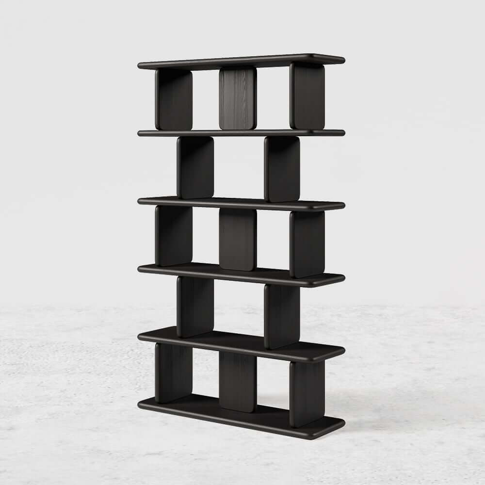 Black Pine Wood Etagere Bookshelf in Japandi Style