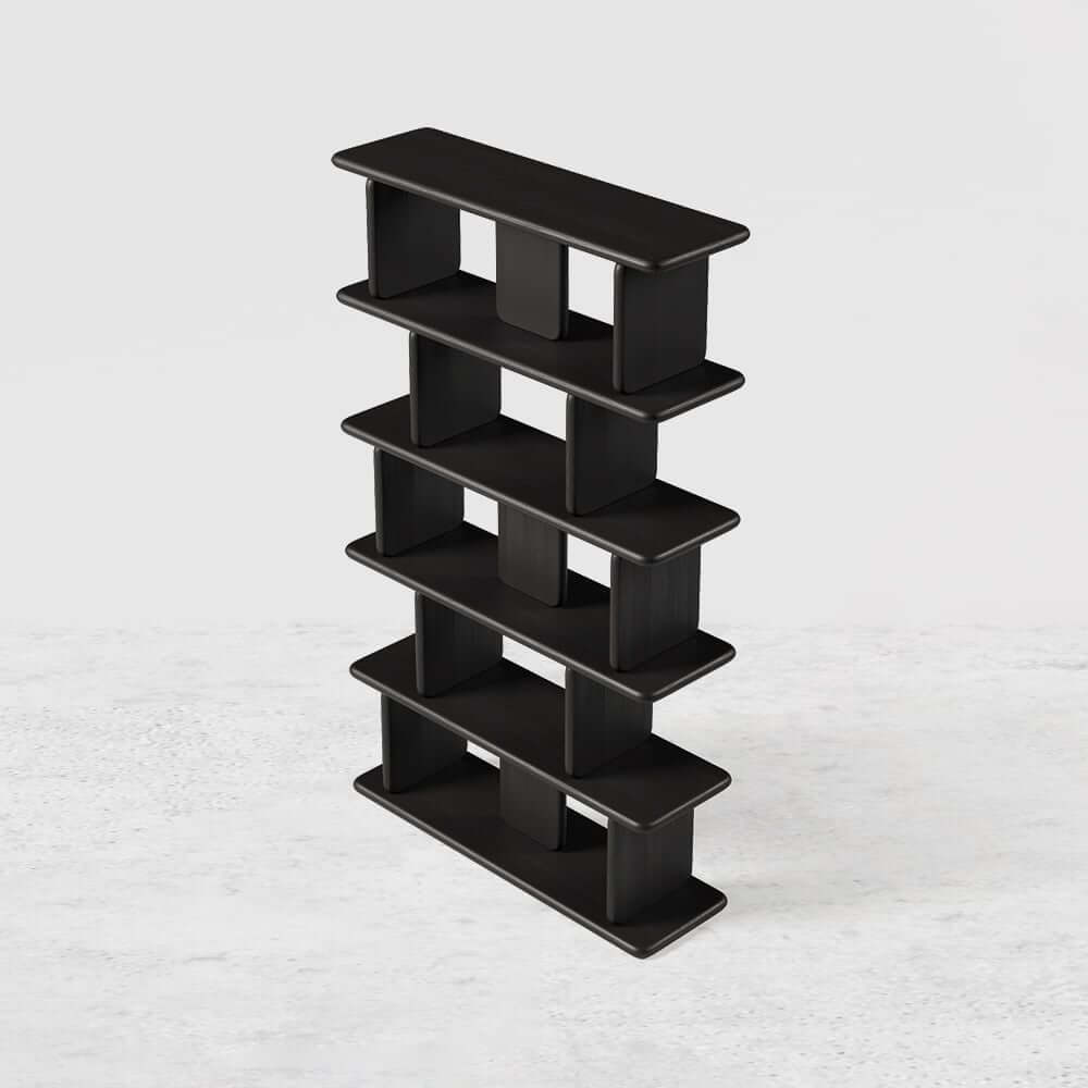 Black Pine Wood Etagere Bookshelf in Japandi Style
