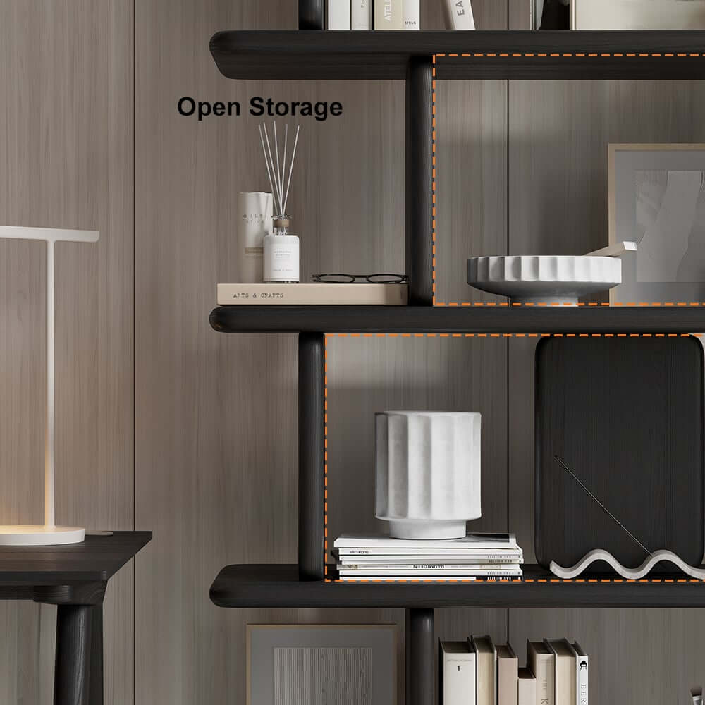 Black Pine Wood Etagere Bookshelf in Japandi Style