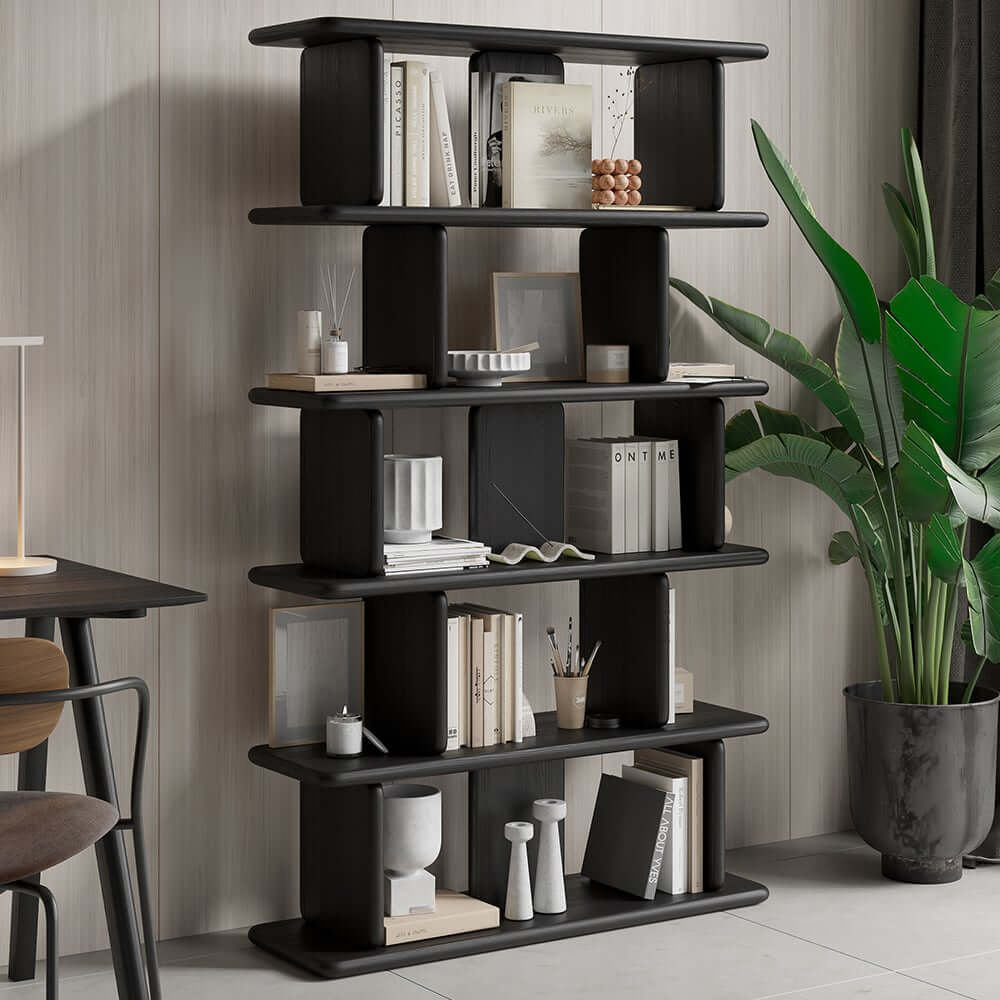 Black Pine Wood Etagere Bookshelf in Japandi Style