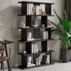 Black Pine Wood Etagere Bookshelf in Japandi Style