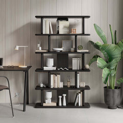 Black Pine Wood Etagere Bookshelf in Japandi Style