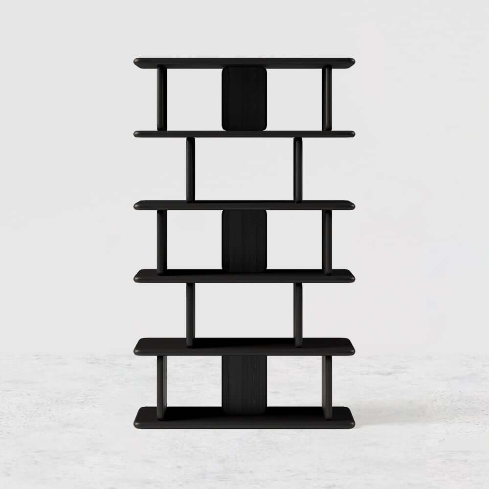 Black Pine Wood Etagere Bookshelf in Japandi Style