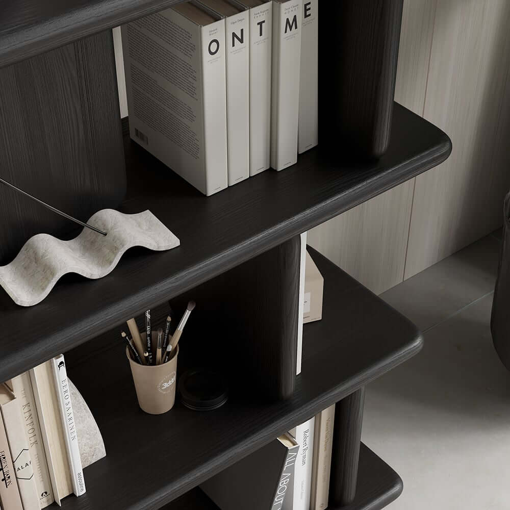 Black Pine Wood Etagere Bookshelf in Japandi Style