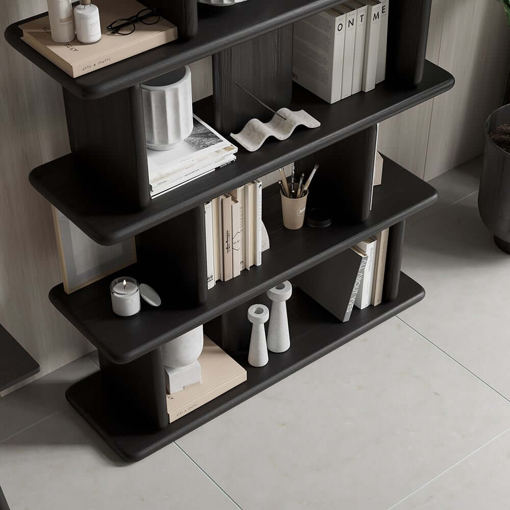 Black Pine Wood Etagere Bookshelf in Japandi Style