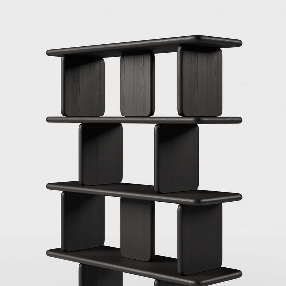 Black Pine Wood Etagere Bookshelf in Japandi Style