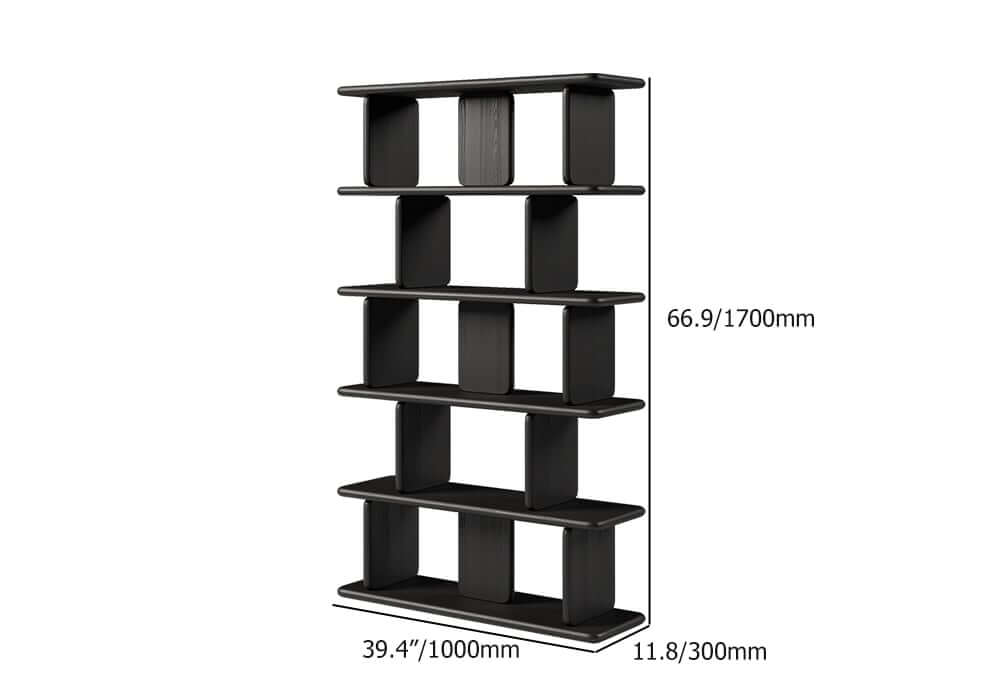 Black Pine Wood Etagere Bookshelf in Japandi Style Dimensions