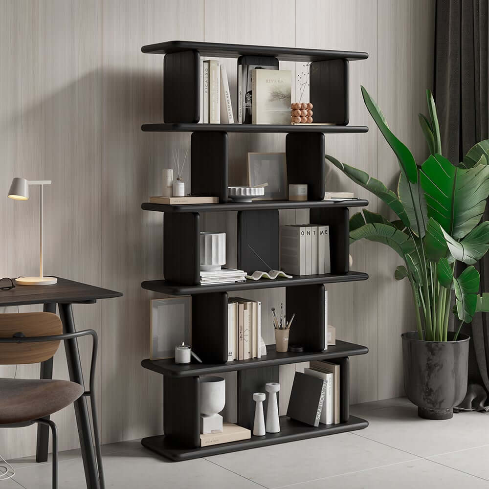 Black Pine Wood Etagere Bookshelf in Japandi Style Main Product Image
