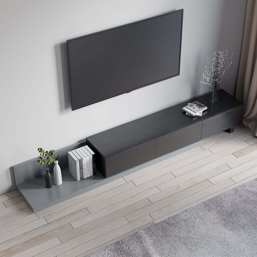 Black Pine Wood Freestanding TV Stand For 80 Inch TVs