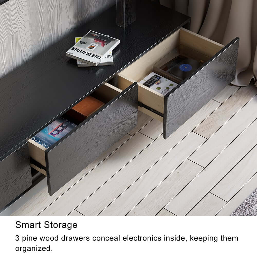Black Pine Wood Freestanding TV Stand For 80 Inch TVs