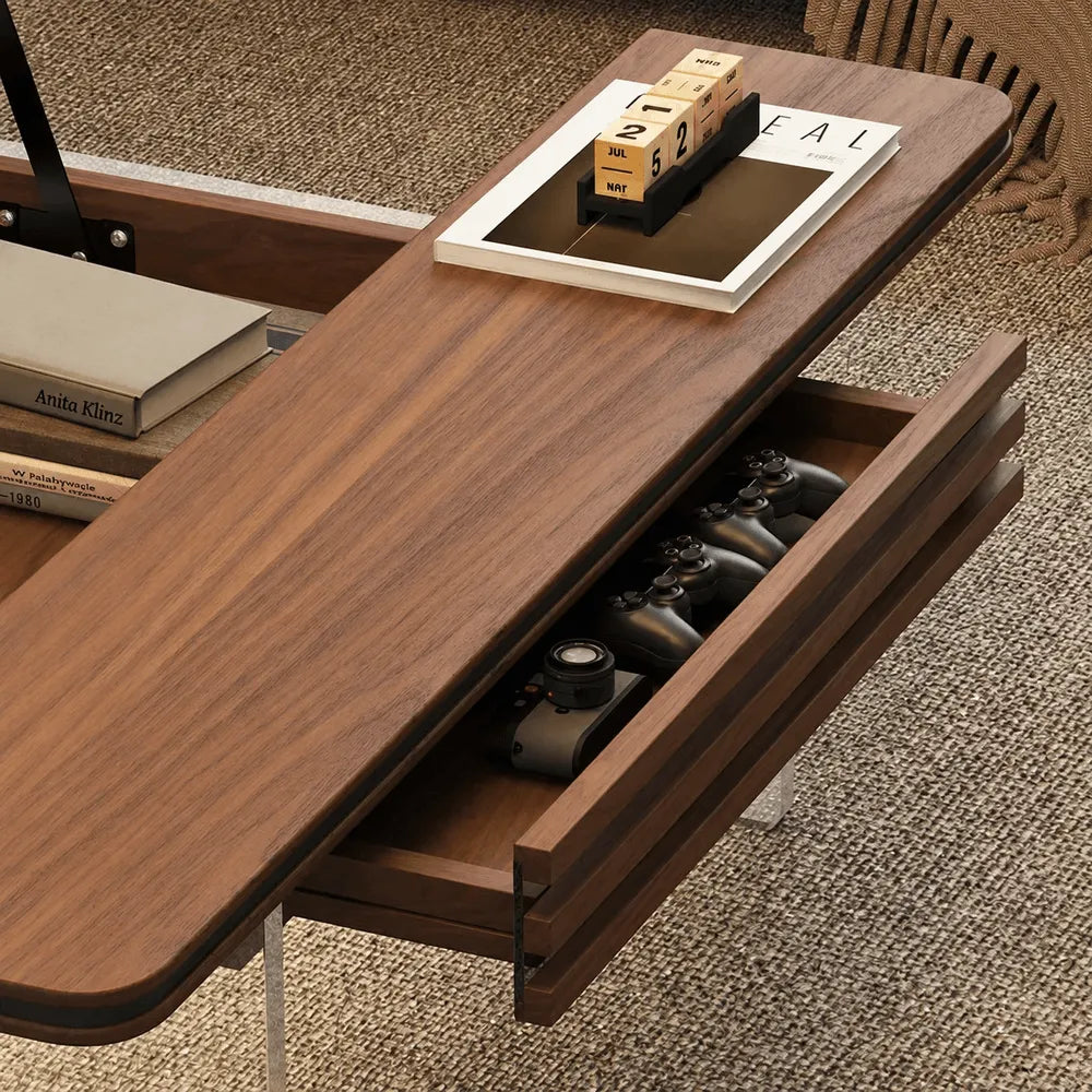 Black Walnut Lift Top Coffee Table with Drawer Storage and Dining Desk Function