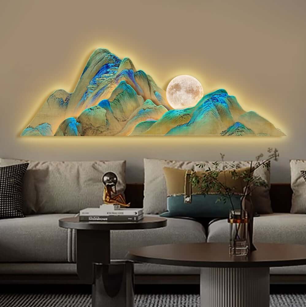 Blue MDF LED Wall Art with Nature-Inspired Mountain Design