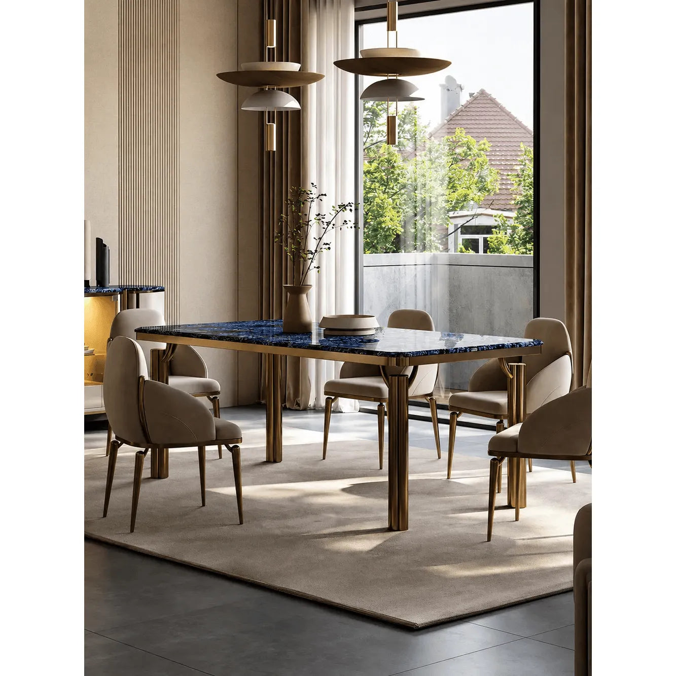 Blue Veined Marble Dining Table Series with Bronze Sculptural Base