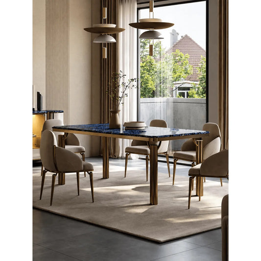 Blue Veined Marble Dining Table Series with Bronze Sculptural Base